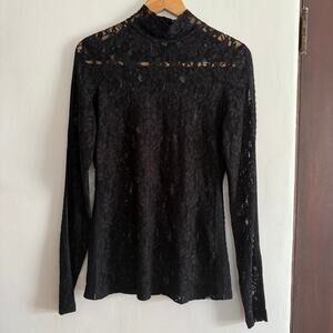 BCBG Max Azria | Black Stretch Lace Slim Fit Mock Neck Shirt | Medium